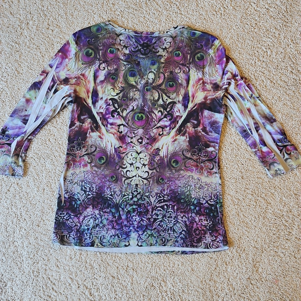 Style & Co Women's Purple Peacock-Print 3/4 Sleeve Top - Picture 4 of 4
